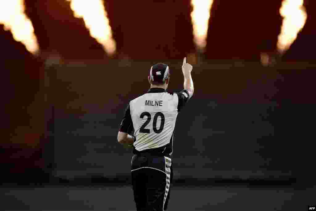 New Zealand -- Adam Milne of New Zealand celebrates catching Sarfraz Ahmed of Pakistan during the third T20 cricket match between New Zealand and Pakistan at Westpac Stadium in Wellington on January 22, 2016.