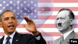 Ирандық ақпарат агенттігі Fars жариялаған АҚШ президенті Барак Обама мен Адольф Гитлердің коллажы. 