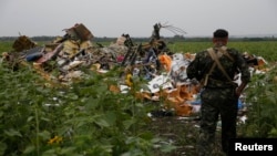 Бойовик угруповання «ДНР», яке в Україні визнано терорестичним, розглядає уламки від носової частинини «Боїнга-777», Донецька область, 18 липня 2014 року