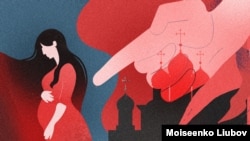 Российская церковь, беременная женщина и рука. Иллюстративный коллаж, посвященный абортам