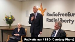 RFE/RL President Kevin Klose, flanked by Russian human rights leader Lyudmila Alekseyeva (left) and journalist and author David Satter (right) at a Washington, DC reception to mark the 60th anniversary of Radio Liberty's first broadcast to Russia on March 1, 1953