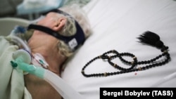 A patient in intensive care at a hospital outside Moscow that treats COVID-19 patients