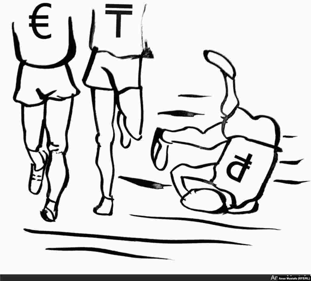 "Падение" Под давлением санкций Запада и снижения цен на нефть российская валюта обесценилась с начала года почти вдвое.