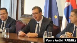 Serbian President Aleksandar Vucic attends a meeting with political representatives of Serbs from Montenegro in Belgrade on August 5.