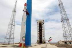 A Simorgh rocket at an Iranian launch site at an undisclosed location in July 2017.