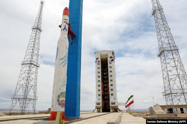 A Simorgh rocket at an Iranian launch site at an undisclosed location in July 2017.