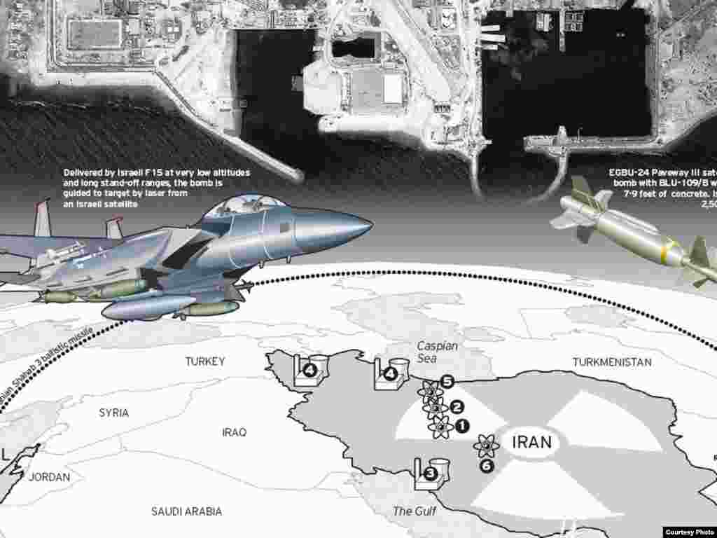 نمایی از آنچه هنرمند، توانایی هواپیماهای اسراییل برای حمله احتمالی به مراکز هسته‌ای ایران می‌خواند.