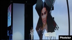 Armenia -- Reality TV star Kim Kardashian walkes on stage during the World Congress on Information Technology in Yerevan, October 8, 2019.