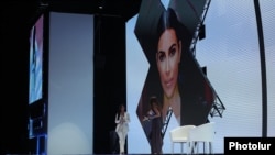 Armenia -- Reality TV star Kim Kardashian walkes on stage during the World Congress on Information Technology in Yerevan, October 8, 2019.