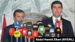 رئيس حكومة اقليم كردستان العراق المكلّف نيجيرفان بارزاني، ورئيس برلمان إقليم كردستان يوسف محمد صادق في مؤتمر صحفي بأربيل