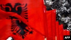 Albanian flags in preparation for the anniversary in the town of Kacanik, Kosovo