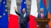 Then-French President Francois Hollande (left) and Serzh Sarkisian, the Armenian leader at the time, inaugurate Missak Manouchian Square in 2014 in Yerevan.