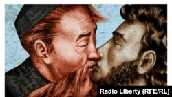 This image of Russian poet Aleksandr Pushkin kissing Kazakh composer Qurmanghazy Saghyrbaiuly outraged many in Kazakhstan. 