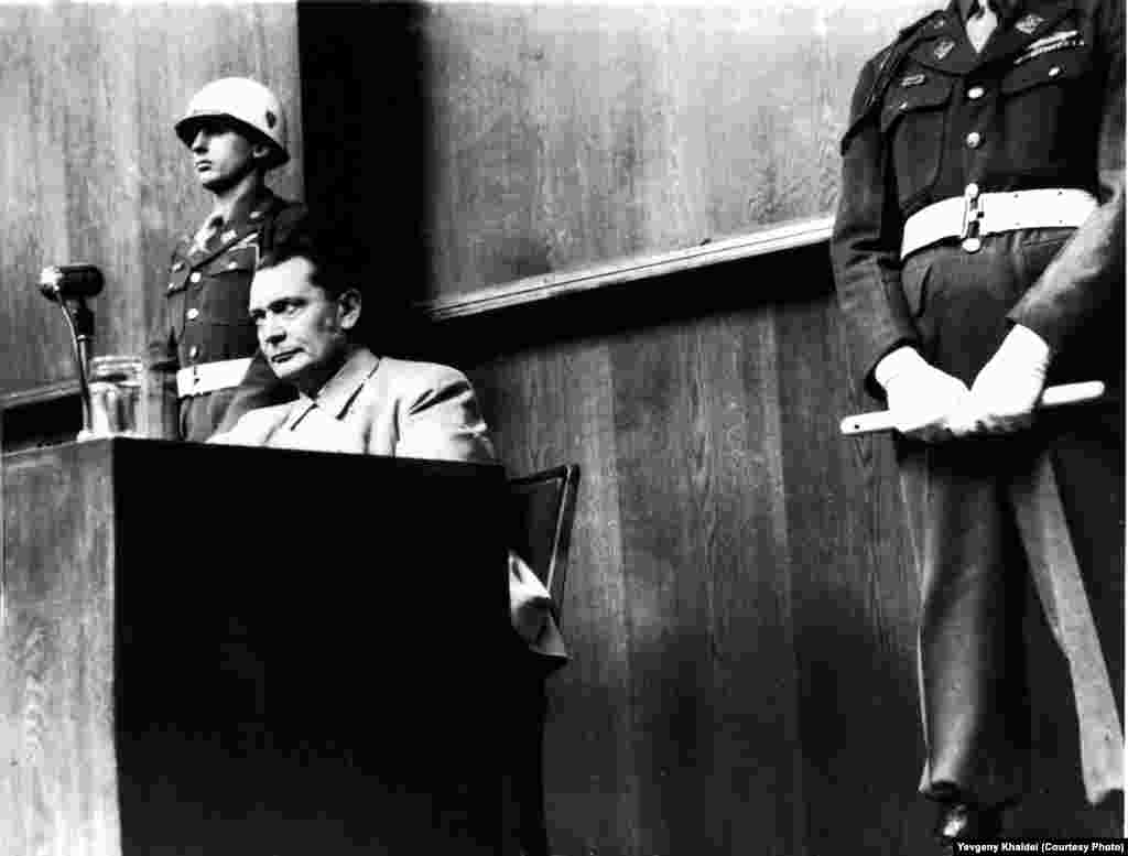 Gestapo founder and onetime Luftwaffe commander Hermann Goering on trial in Nuremburg in 1946. 