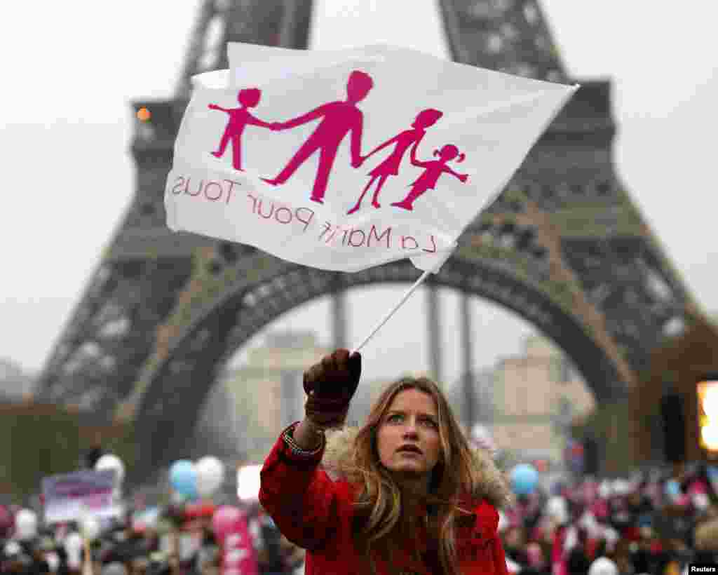A demonstrator waves a flag to protest France&#39;s planned legalization of same-sex marriage on the Champ de Mars near the Eiffel Tower in Paris. (Reuters/Charles Platiau)