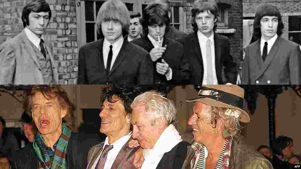 A combo photo shows the Stones in 1965 (top) and in 2008.