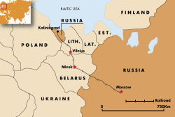 A Kalinyingrádi körzet elhelyezkedése és a területet Moszkvával összekötő vasútvonal