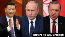 Слева направо: Си Цзиньпин, Владимир Путин и Реджеп Тайип Эрдоган