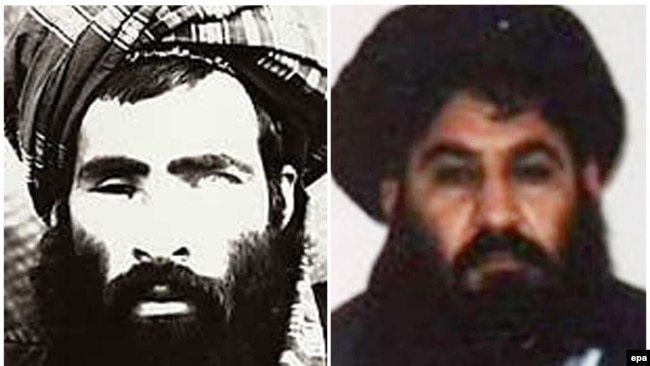 A combination image of what are believed to be photographs of Mullah Mohammad Omar (left) and Mullah Akhtar Mohammad Mansur