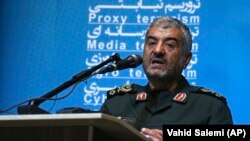 IRAN -- The head of Iran's paramilitary Revolutionary Guard Gen. Mohammad Ali Jafari speaks at a conference called "A World Without Terror," in Tehran, October 31, 2017