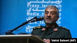 The head of Iran's paramilitary Revolutionary Guard Gen. Mohammad Ali Jafari speaks at a conference called "A World Without Terror," in Tehran, October 31, 2017