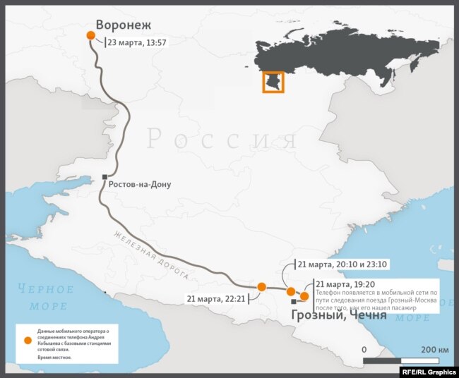 Телефон Кобышева в поезде Грозный-Москва, после того, как его нашёл пассажир