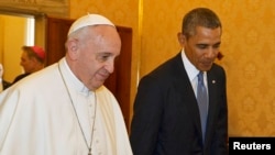 Папа римский Франциск и президент США Барак Обама во время встречи в Ватикане 27 марта 2014 года
