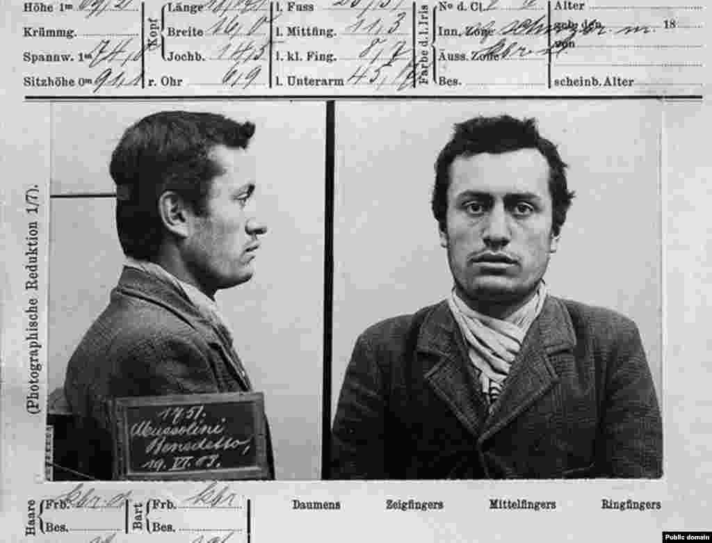 Benito Mussolini -- the future Italian dictator -- in custody in 1903 in Switzerland, where he'd emigrated partly to avoid Italian military service but failed to find a permanent job. He was arrested by Swiss authorities after supporting a violent worker's strike.