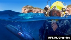 Колаж с изображением водолаза-глубоководника и подводной лодки
