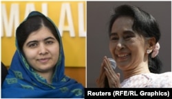 Нобелдин Тынчтык сыйлыгынын лауреаттары Малала Юсуфзай жана Аун Сан Су Чжи.