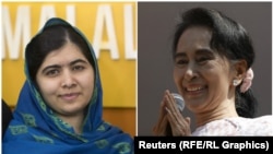 Нобелдин Тынчтык премиясынын лауреаттары Малала Юсуфзай жана Аун Сан Су Чжи.