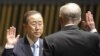 Ban Ki-moon takes the oath of office as he is sworn in for a second term as UN secretary-general in New York on June 21.