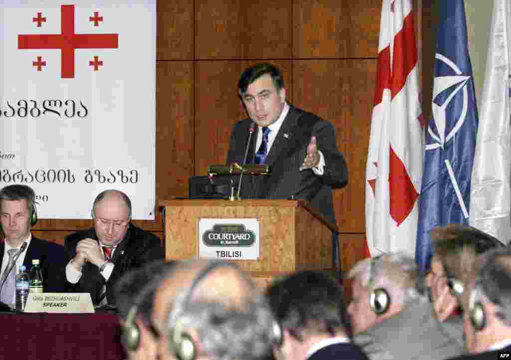 President Mikheil Saakashvili delivers a speech during the NATO Parliamentary Assembly 65th Rose-Roth seminar in Tbilisi on April 19, 2007. Saakashvili said that in 2007 Georgia would be ready for the next stage of integration into NATO and expected to become a candidate for membership "in the nearest months."