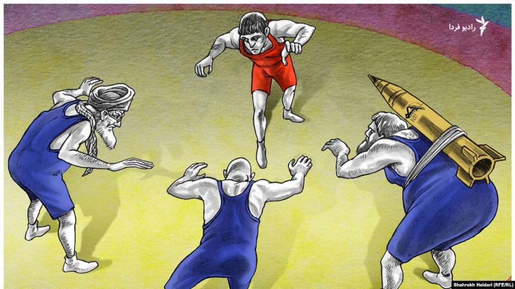 A graphic by Iranian cartoonist Shahrokh Heidari, "You gotta lose the match".