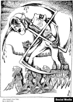"Нэйшн” басылмасы 1933-жылы 5-апрелде жарыялаган карикатурада Гитлердин нацисттик режиминин адамзатка каршы мүнөзү чагылдырылган.