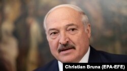 Belarusian President Alyaksandr Lukashenka attends a meeting with his Austrian counterpart at the presidential residence in Vienna on November 12.