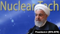 Iranian President Hassan Rohani delivering a speech during Nuclear Technology Day in Tehran in April 2019.