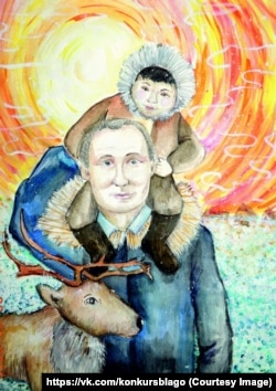 Путин, чукча и олень. Рисунок 12-летней Олеси Дробышевой