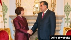 Tajikistan -- President Emomali Rahmon (R) meets with EU foreign policy chief Catherine Ashton (L) in Dushanbe city, 29Nov2012