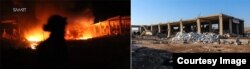 Завод по производству оливкового масла в Бнине во время пожара от бомбардировки зажигательными бомбами и на следующее утро