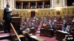 Parliamentary Relations Minister Patrick Ollier (left) speaks during the Senate session in Paris on January 23 on the bill criminalizing the denial of genocide.