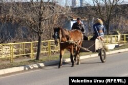 Лошадь с повозкой — распространенный вид транспорта и способ перевозки грузов, Флорешть, Молдова, январь, 2020