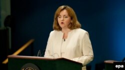 Natalia Gherman speaks at a "global town hall meeting" at UN headquarters in New York in July 2016.