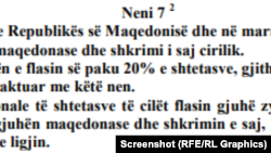 Neni 7 i Kushtetutës së Maqedonisë, ku flitet për gjuhën të cilën e flasin "20 për qind" e popullsisë së Maqedonisë.