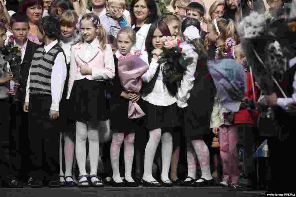 Belarusian children gather before school in Minsk.