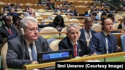 Постоянный представитель Украины в ООН Владимир Ельченко (л) и Мустафа Джемилев на заседании Генассамблеи ООН. Нью-Йорк, 18 декабря 2018 года