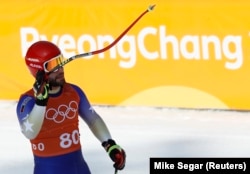 Albin Tahiri trains at Jeongseon Alpine Center in Pyeongchang on February 8.