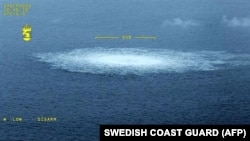 An image released on September 27 taken from an aircraft of the Swedish Coast Guard shows the release of gas emanating from a leak on the Nord Stream 1 gas pipeline.