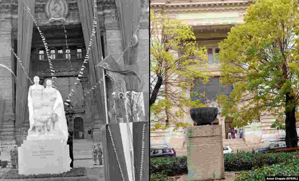 Budapest 1949-2019 A limestone statue being unveiled on Stalin’s birthday in central Budapest (top). The inscription reads, “From the grateful Hungarian people to the great Stalin.” The statue was pushed off its plinth in 1956. A memorial to victims of the first Hungarian Revolution of 1848 stands in the spot today. 1949 photo: Fortepan/Magyar Rendor 