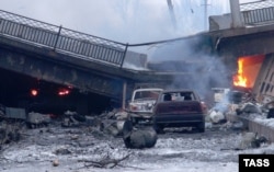 The damaged Putilovsky Bridge near the Donetsk airport on January 18.